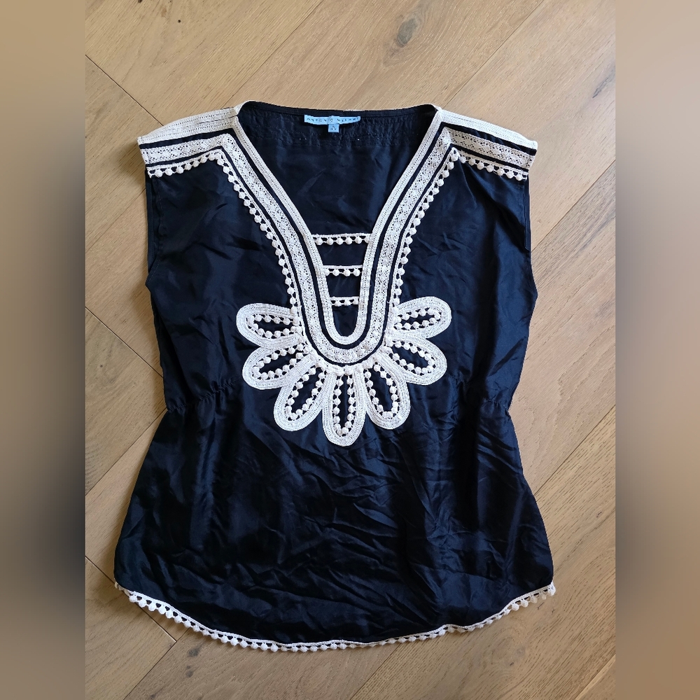 Silk Navy and White Embroidered Top
